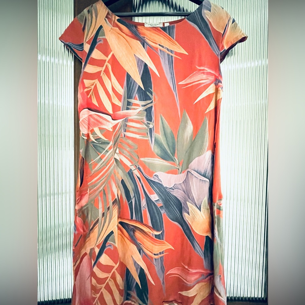 Cristina Vergani Shift Dress Hawaiian Print Pink Tropical Floral Linen Size M